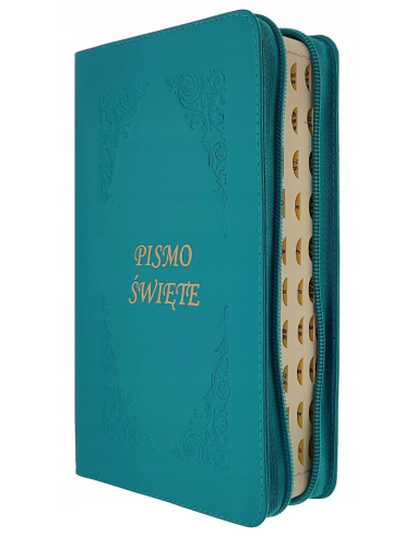 Pismo Święte z kolorową wkładką paginowane w skórzanej oprawie turkusowej