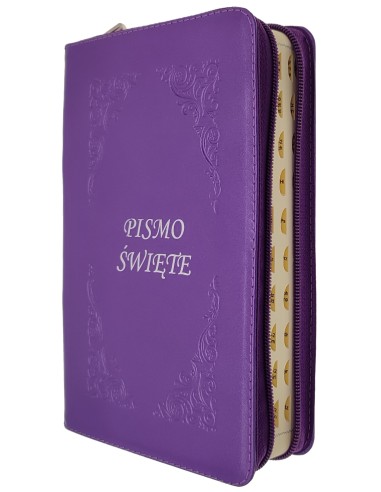 Pismo Święte z kolorową wkładką paginowane w skórzanej oprawie fioletowej