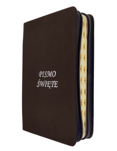 Pismo Święte z kolorową wkładką paginowane w skórzanej oprawie jasnobrązowej