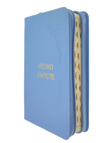 Pismo Święte z kolorową wkładką paginowane w skórzanej oprawie błękitnej